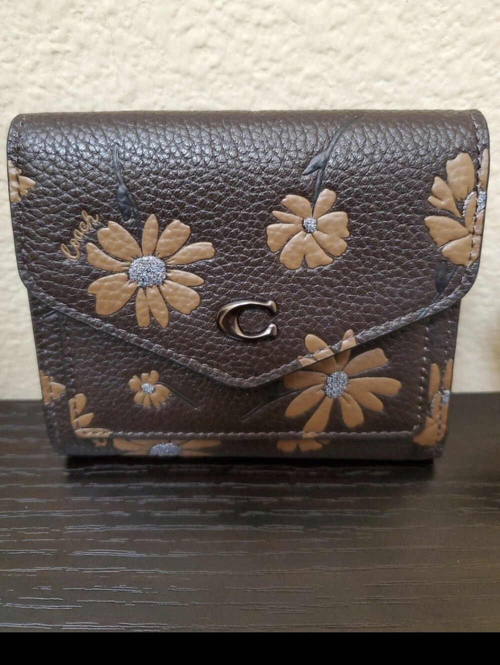 Coach Brown Floral Leather Compact Wallet with Tan Blossoms